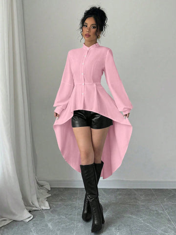 Privé Front Short Back Long Stand Collar Open Front A-Line Ruffle Lantern Sleeve Long Shirt