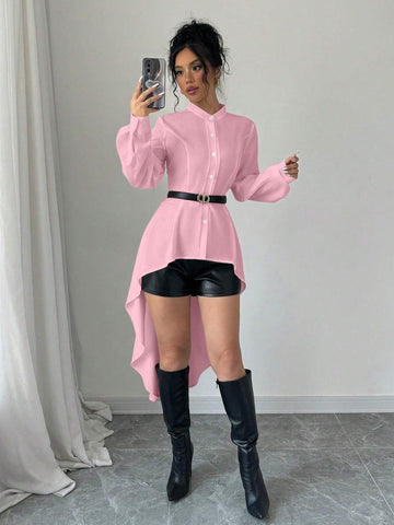 Privé Front Short Back Long Stand Collar Open Front A-Line Ruffle Lantern Sleeve Long Shirt