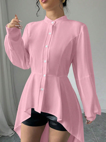 Privé Front Short Back Long Stand Collar Open Front A-Line Ruffle Lantern Sleeve Long Shirt