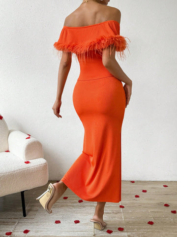 Fuzzy Decorated Hollow Out Top And Mermaid Hem Skirt Set With Fold Detail