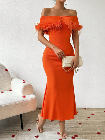 Fuzzy Decorated Hollow Out Top And Mermaid Hem Skirt Set With Fold Detail