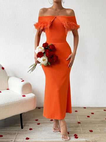 Fuzzy Decorated Hollow Out Top And Mermaid Hem Skirt Set With Fold Detail