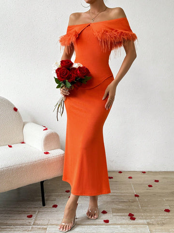 Fuzzy Decorated Hollow Out Top And Mermaid Hem Skirt Set With Fold Detail