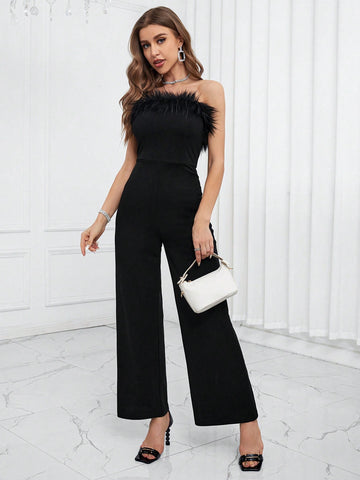 Fuzzy Trim Tube Jumpsuit