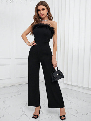 Fuzzy Trim Tube Jumpsuit