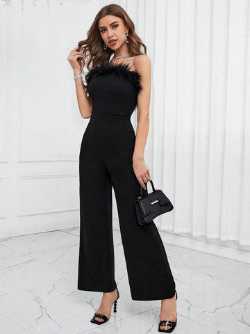 Fuzzy Trim Tube Jumpsuit