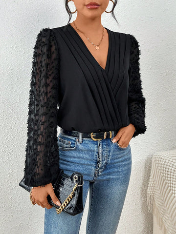 Fuzzy Wrap Neckline Lantern Sleeve Bodysuit