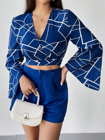 Geo Print Crop Top & Fold Pleated Shorts