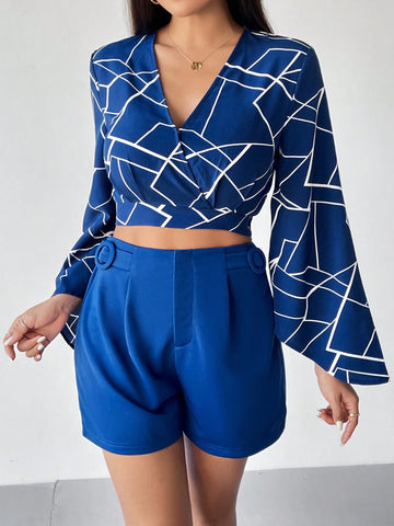 Geo Print Crop Top & Fold Pleated Shorts