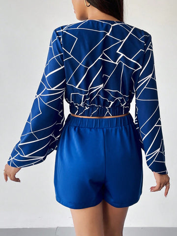 Geo Print Crop Top & Fold Pleated Shorts