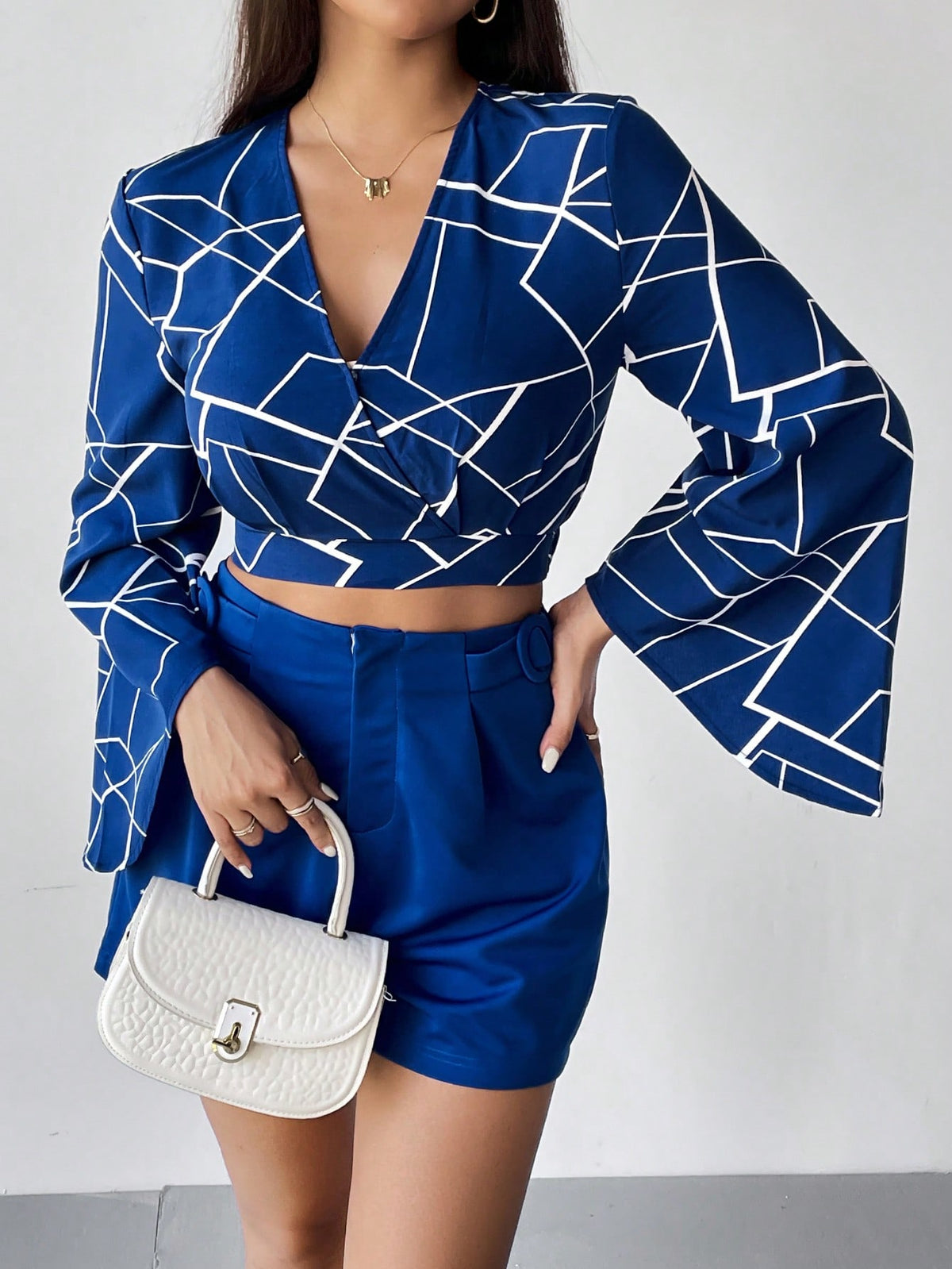 Geo Print Crop Top & Fold Pleated Shorts
