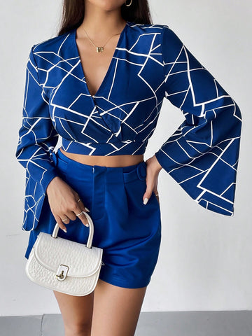 Geo Print Crop Top & Fold Pleated Shorts