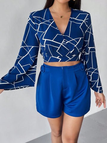 Geo Print Crop Top & Fold Pleated Shorts