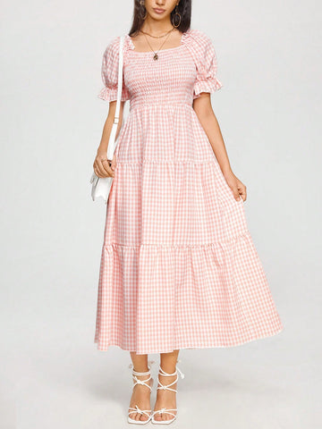 Gingham Print Puff Sleeve Ruffle Hem Dress