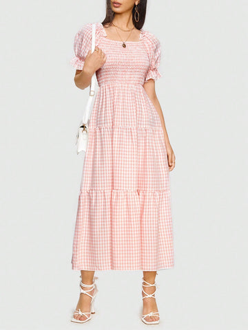 Gingham Print Puff Sleeve Ruffle Hem Dress