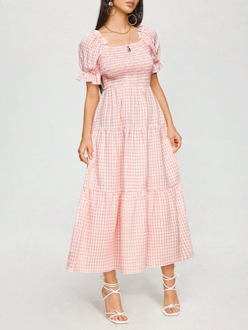 Gingham Print Puff Sleeve Ruffle Hem Dress