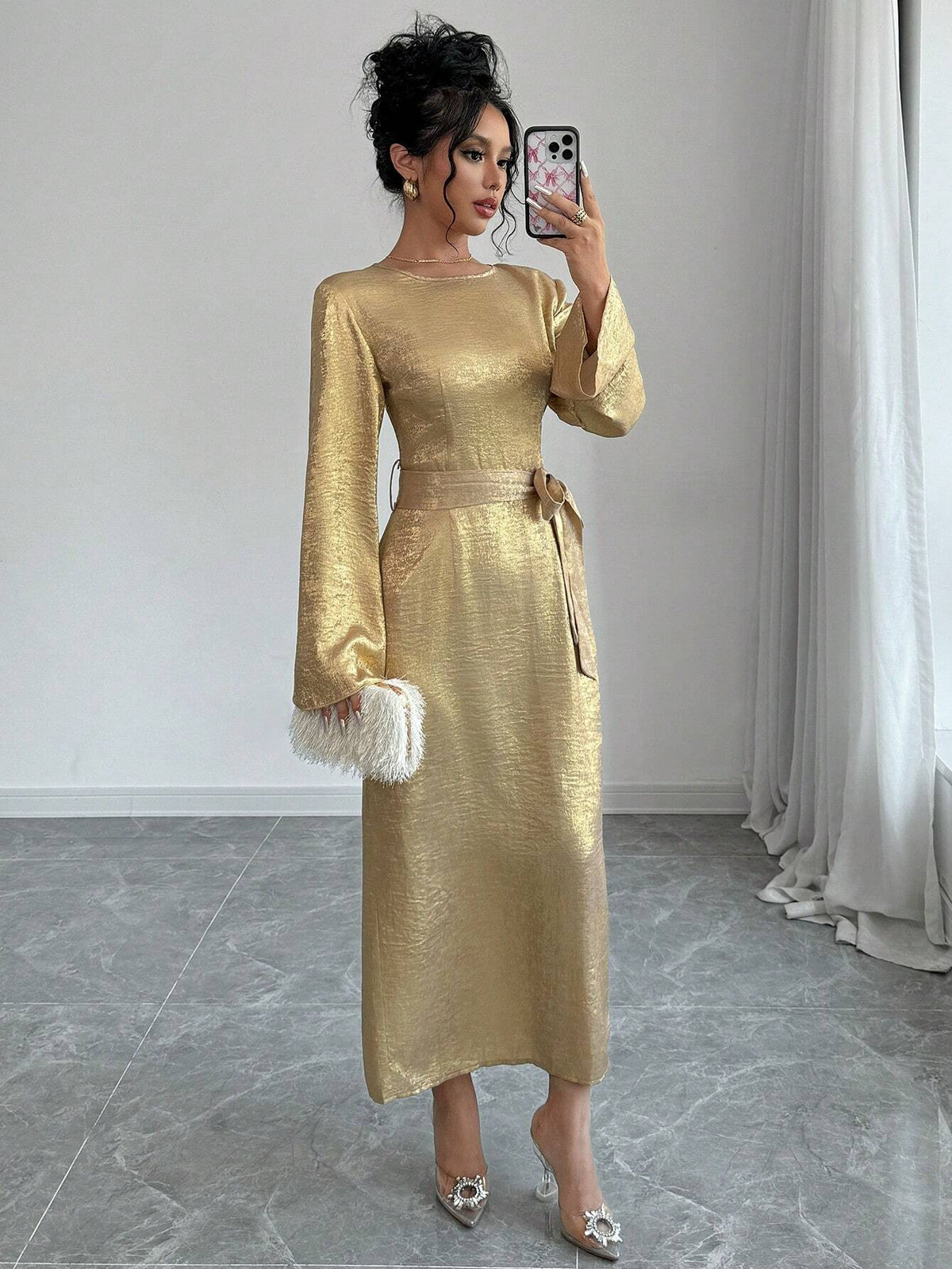 Gold Trumpet Sleeve Self-Tie Belted Fitted Dress