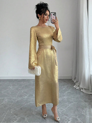 Gold Trumpet Sleeve Self-Tie Belted Fitted Dress