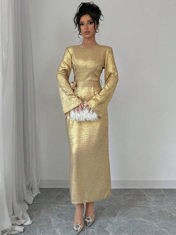 Gold Trumpet Sleeve Self-Tie Belted Fitted Dress