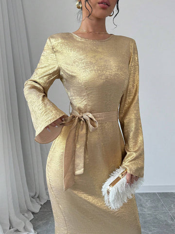 Gold Trumpet Sleeve Self-Tie Belted Fitted Dress