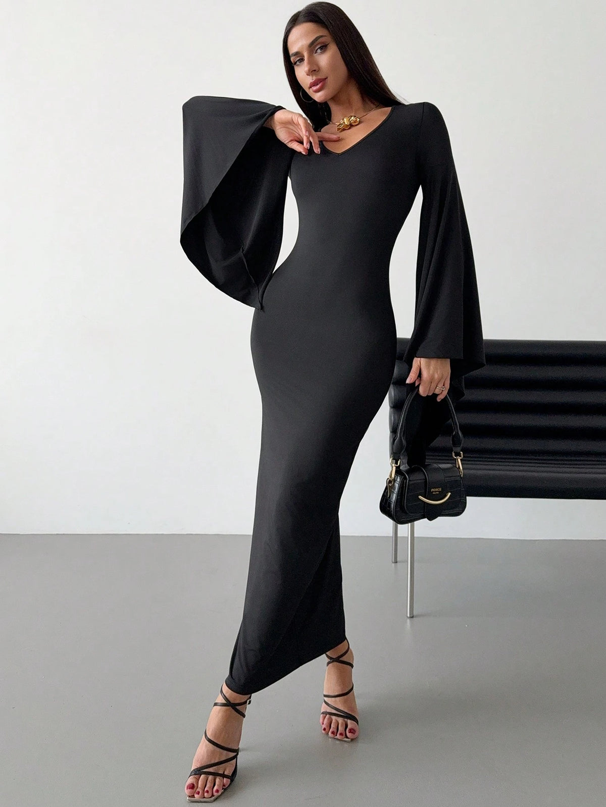 Gothic Party Elegant Sexy Black V-Neck Bell Sleeve Fitted Slim Maxi Dress, Winter New Arrival