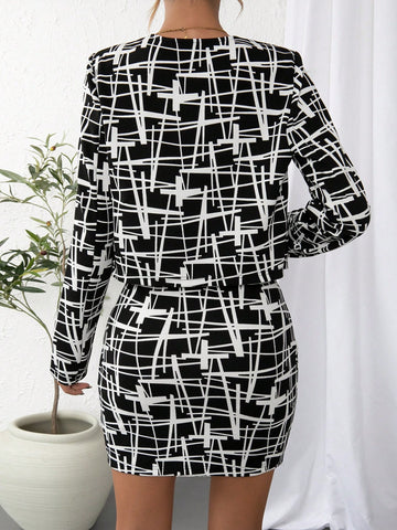 Graphic Print Open Front Jacket & Bodycon Skirt