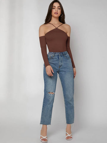 Halter Off Shoulder Rib-knit Tee
