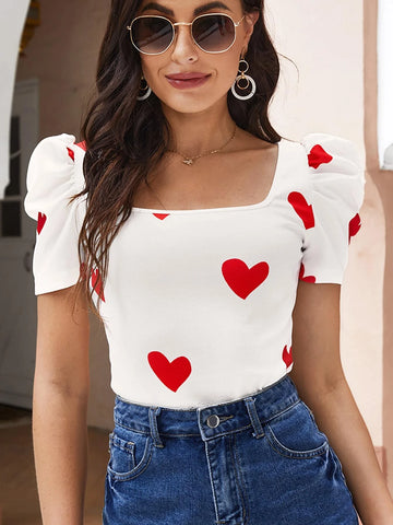 Heart Print Puff Sleeve Summer Tee