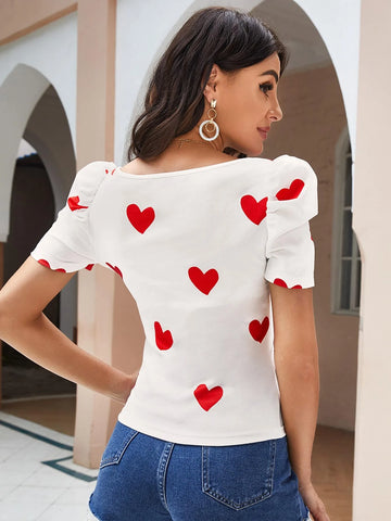 Heart Print Puff Sleeve Summer Tee