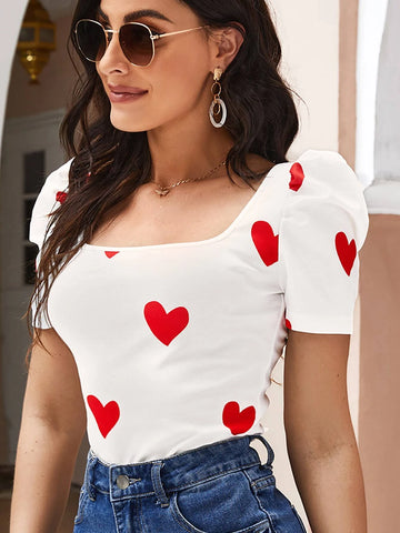 Heart Print Puff Sleeve Summer Tee