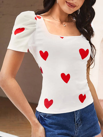 Heart Print Puff Sleeve Summer Tee