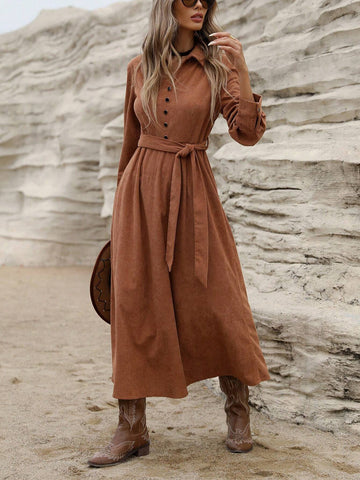 High-End Velour V-Neck Buttoned Cinched Waist Waist Slimming Long Sleeve Dress For Women