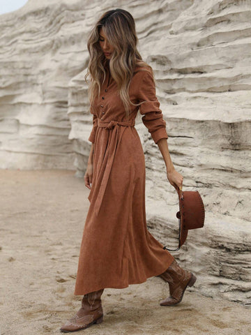 High-End Velour V-Neck Buttoned Cinched Waist Waist Slimming Long Sleeve Dress For Women