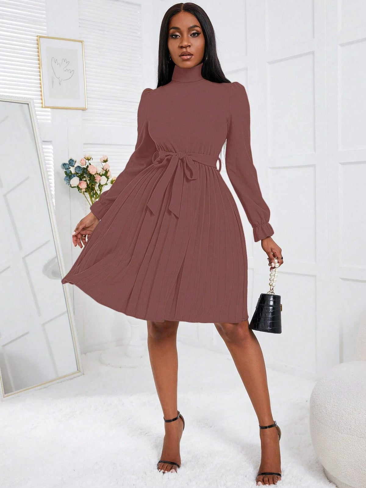 High Neck Solid Color Belted Elegant Office Wear Long Sleeve Dress