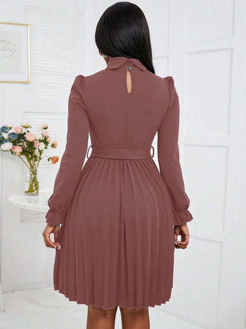 High Neck Solid Color Belted Elegant Office Wear Long Sleeve Dress