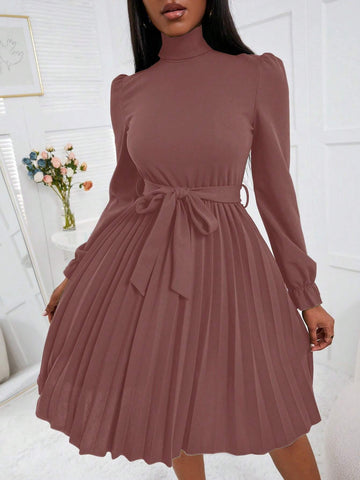 High Neck Solid Color Belted Elegant Office Wear Long Sleeve Dress