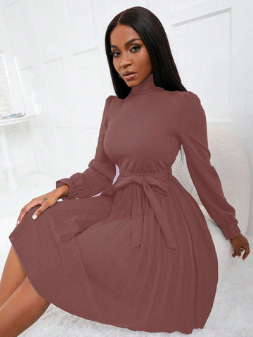 High Neck Solid Color Belted Elegant Office Wear Long Sleeve Dress