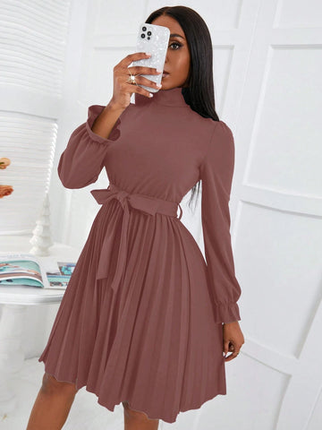 High Neck Solid Color Belted Elegant Office Wear Long Sleeve Dress