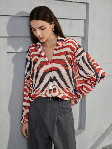 Privé High Street Fashion Colorblock Floral Zebra Striped Print Loose Casual Single-Breasted Long Sleeve Shirt For Women