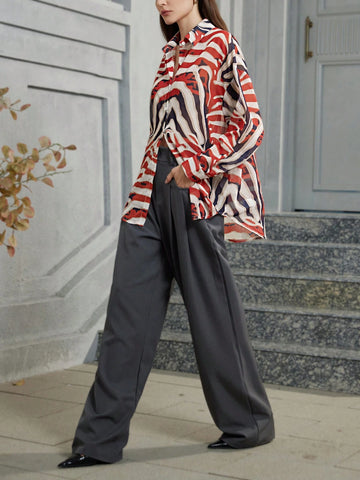 Privé High Street Fashion Colorblock Floral Zebra Striped Print Loose Casual Single-Breasted Long Sleeve Shirt For Women