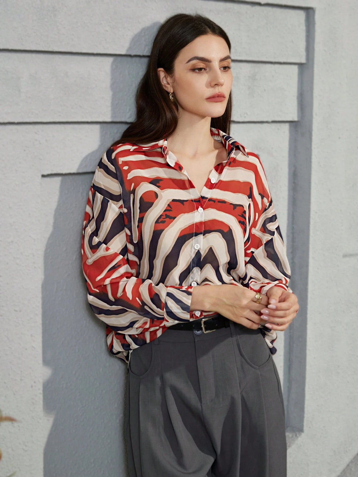 Privé High Street Fashion Colorblock Floral Zebra Striped Print Loose Casual Single-Breasted Long Sleeve Shirt For Women