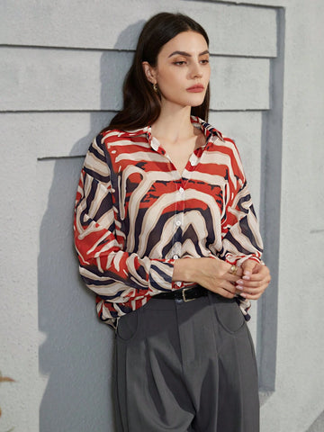 Privé High Street Fashion Colorblock Floral Zebra Striped Print Loose Casual Single-Breasted Long Sleeve Shirt For Women