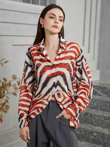 Privé High Street Fashion Colorblock Floral Zebra Striped Print Loose Casual Single-Breasted Long Sleeve Shirt For Women