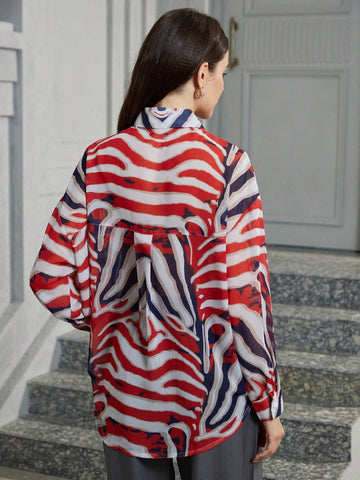 Privé High Street Fashion Colorblock Floral Zebra Striped Print Loose Casual Single-Breasted Long Sleeve Shirt For Women