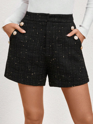 Privé High Waist Button Detail Tweed Shorts