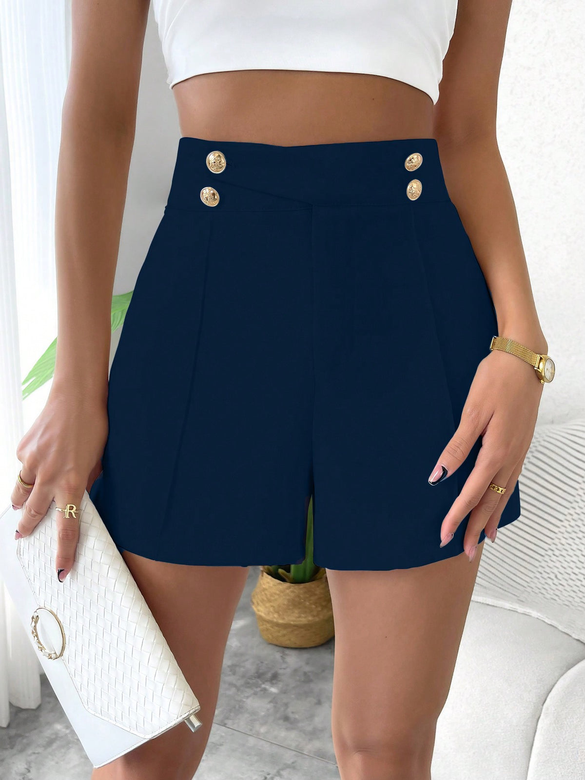 Privé High Waist Button Detail Wide Leg Shorts