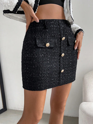 High Waist Button Front Tweed Skirt