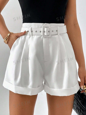 Privé High Waist Plicated Detail Roll Hem Belted Wide Leg Short