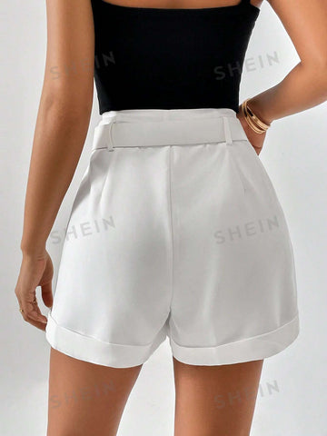 Privé High Waist Plicated Detail Roll Hem Belted Wide Leg Short