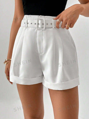 Privé High Waist Plicated Detail Roll Hem Belted Wide Leg Short